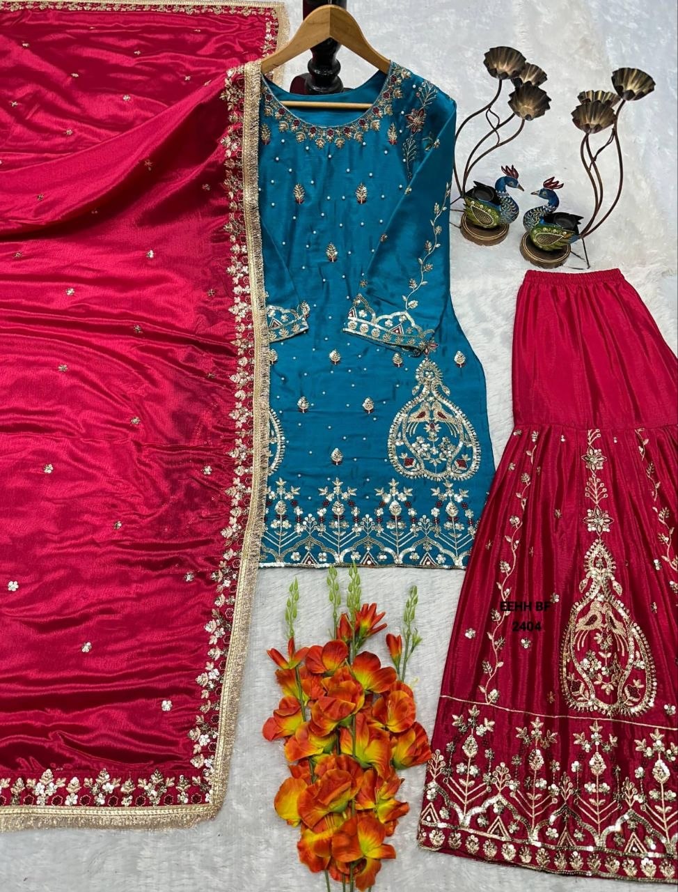 Teal Blue Kurta with Maroon Embroidered Sharara Salwar Set